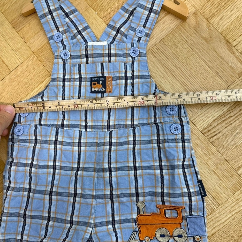 VTG Carters Kids Baby Boy Blue Plaid Train Embroidered Shortalls Overalls 6-9 M - Picture 10 of 11